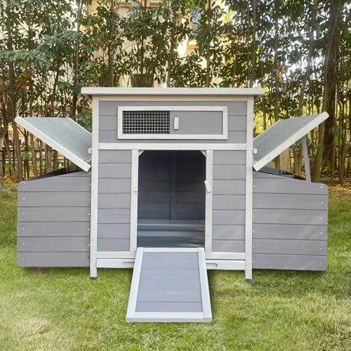 Chicken Coop, 58" Wooden Chicken Coop with 2 Sides Large Nesting Boxes for 4-6 Chickens, Poultry Hutch Rabbit Cage with No-Slip Ramp & Pull-Out Tray for Outdoor Farm Yard (Dark Grey) - color: Dark Grey