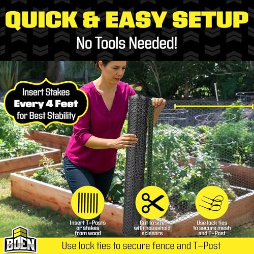 Boen Poultry hex Netting Plastic Temporary Barrier Chicken Wire Protection for Yard (3' x 25', Black)