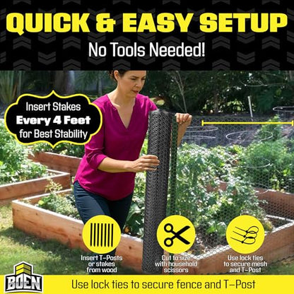 Boen Poultry hex Netting Plastic Temporary Barrier Chicken Wire Protection for Yard (3' x 25', Black)