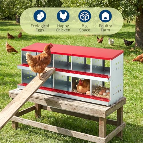 Metal Chicken Nesting Boxes - 10 Hole Wall-Mountable Laying Boxes with Flip-Top Lid & Roll-Away Egg Collection, Weatherproof Galvanized Steel, Includes 10 Fake Eggs for Chicken Coop, Red - color: Red, size: 10 compartment with Flip-top Egg collection box