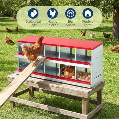 Metal Chicken Nesting Boxes - 10 Hole Wall-Mountable Laying Boxes with Flip-Top Lid & Roll-Away Egg Collection, Weatherproof Galvanized Steel, Includes 10 Fake Eggs for Chicken Coop, Red - color: Red, size: 10 compartment with Flip-top Egg collection box