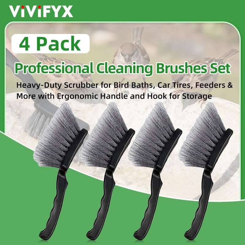 4PCS Professional Heavy Duty Cleaning Brushes Set for Bird Baths, Car Tires, Feeders, with Ergonomic Handles and Hanging Holes for Easy Storage