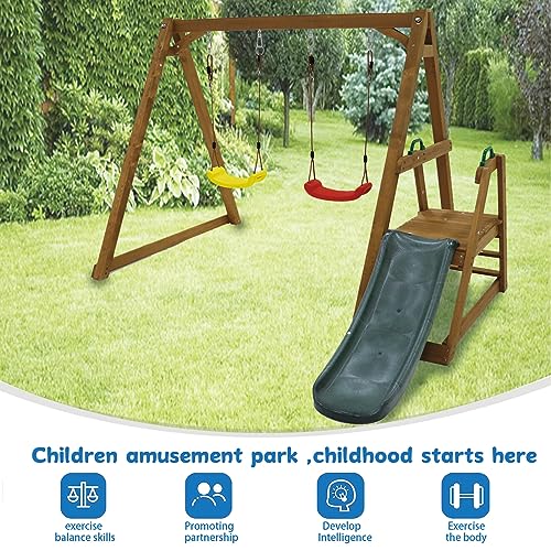 Kids Swing Set Outdoor and Slide - Sturdy Solid Wood Swing Frame with Climbing Ladder - Natural