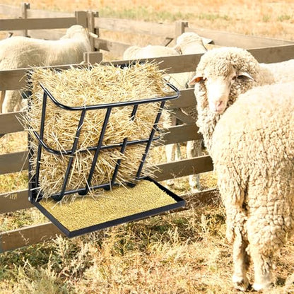3-Sided Livestock Hay Rack with Removable Grain Feeder, Heavy Duty Steel Construction for Goats Sheep Lambs, Large Capacity Reduces Hay Waste, Wall Mount or Freestanding, Black