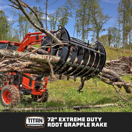 Titan Attachments 72" Extreme Root Grapple Rake Attachment, Universal Quick Tach Connection, Twin 3,000 PSI Cylinders, Replaceable Forged Steel Teeth, Tractor Accessories - style: 72 in.