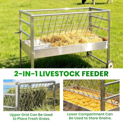 Easy to Assemble 2 in 1 Livestock Feeder with Wheels, Hay Grid on Top and Grain Trough Below, Heavy Duty Galvanized Steel, Space Saving Freestanding Feeder