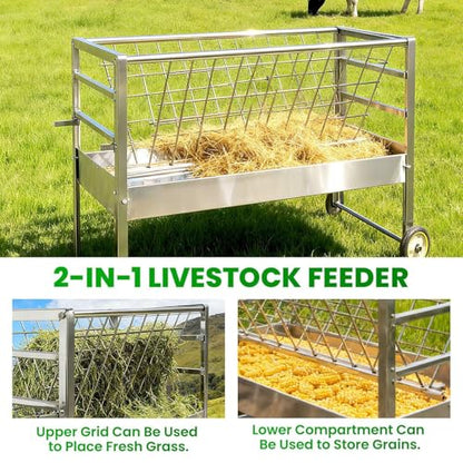 Easy to Assemble 2 in 1 Livestock Feeder with Wheels, Hay Grid on Top and Grain Trough Below, Heavy Duty Galvanized Steel, Space Saving Freestanding Feeder