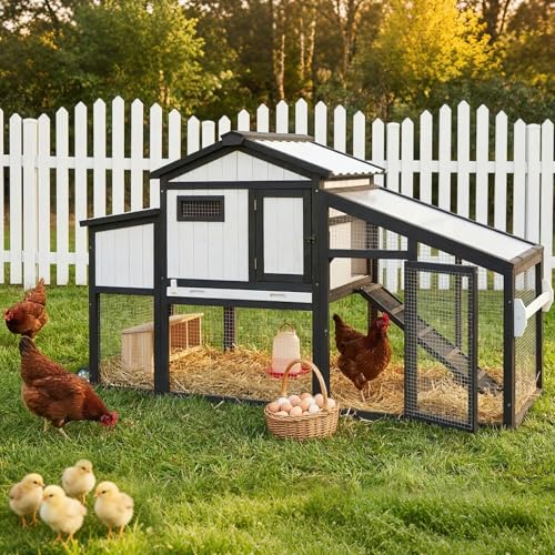 Ketive 65" L Chicken Coop with Wheels for 1–2 Chickens, Outdoor Wooden Hen House with Run, Leakproof Pull-Out Tray, UV-Resistant Panel Roof, 2 Nesting Box,Poultry Cage Chicken Hutch for Backyard Yard - size: 65.0"L x 26.0"W x 39.0"H
