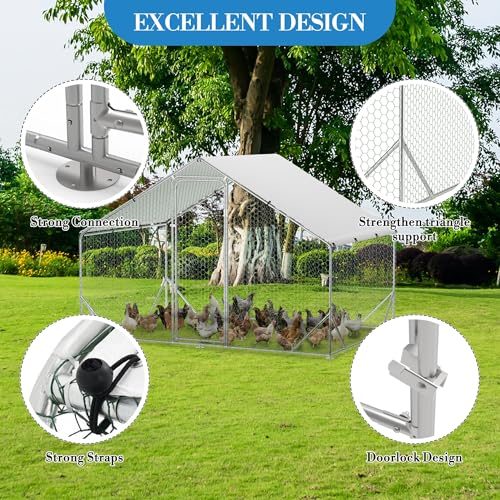 Large Metal Chicken Coop, Walk-In Poultry Cage, Chicken Run Pen House With Reinforcement & Waterproof & Anti-Ultraviolet Cover Chicken Coop Run With Double Lockable Doors for Outdoor 9.8 x 19.7X 6.6ft