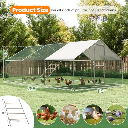 Walk-in Chicken Coops 10 x 20 Large Metal Chicken Runs with Waterproof Hardware Cloth Cover Poultry Cage with Split Double Door - color: Silver, size: 10'L × 20'W × 6.5'H