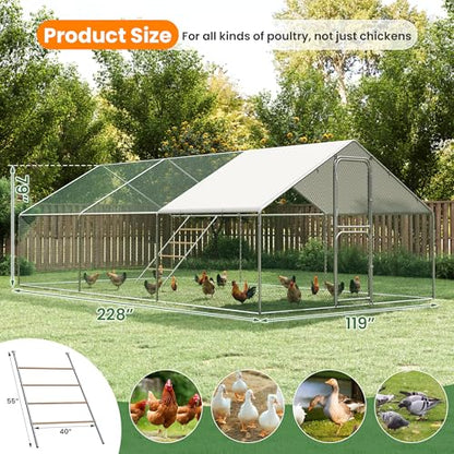 Walk-in Chicken Coops 10 x 20 Large Metal Chicken Runs with Waterproof Hardware Cloth Cover Poultry Cage with Split Double Door - color: Silver, size: 10'L × 20'W × 6.5'H