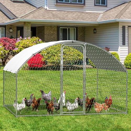 Large Metal Chicken Coop, Large Chicken Coop for Yard, Walk-in Poultry Cage with Waterproof and Anti-Uv Cover, Chicken Run for Outdoor Backyard Farm, Doom Roof, 9.8×6.5×6.5ft,Silver - size: 9.8 x 6.5 x 6.5 ft