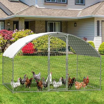 Large Metal Chicken Coop, Large Chicken Coop for Yard, Walk-in Poultry Cage with Waterproof and Anti-Uv Cover, Chicken Run for Outdoor Backyard Farm, Doom Roof, 9.8×6.5×6.5ft,Silver - size: 9.8 x 6.5 x 6.5 ft