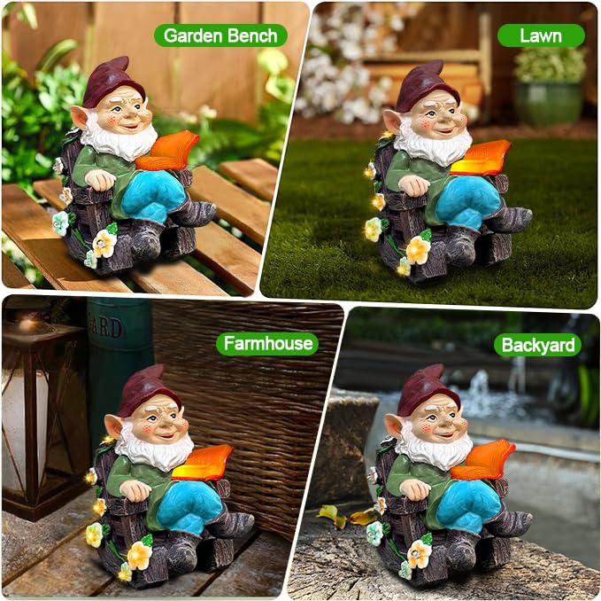Solar Garden Gnome Statues Outdoor, Fairy Rocking Chair Gnomes Reading Book Succulents Figurines Lights Yard Art Sculpture Home Decor for Outside Patio Balcony Lawn, Unique Loved One Gifts for Mom - style: rocking chair gnome