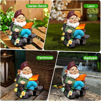 Solar Garden Gnome Statues Outdoor, Fairy Rocking Chair Gnomes Reading Book Succulents Figurines Lights Yard Art Sculpture Home Decor for Outside Patio Balcony Lawn, Unique Loved One Gifts for Mom - style: rocking chair gnome