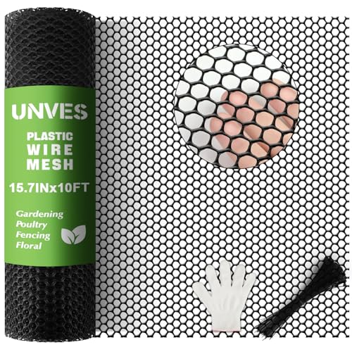 Unves Plastic Chicken Wire, 15.7IN x 10FT Plastic Mesh Wire Fencing Roll, Hexagonal Garden Fencing Netting for Poultry Floral Dogs Rabbit Pets Barrier, 0.3" Mesh Hexagonal Fence Roll, Black - color: Black, size: 15.7 IN x 10 FT