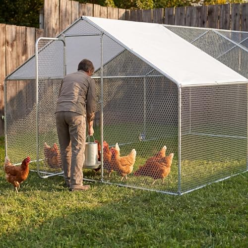 Large Metal Chicken Coop with Walk in Poultry Run and Spire Roof, Waterproof Livestock Shelter Outdoor Enclosure, Sturdy Galvanized Steel Frame for Hen Duck Rabbit, Backyard Farm House