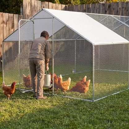 Large Metal Chicken Coop with Walk in Poultry Run and Spire Roof, Waterproof Livestock Shelter Outdoor Enclosure, Sturdy Galvanized Steel Frame for Hen Duck Rabbit, Backyard Farm House