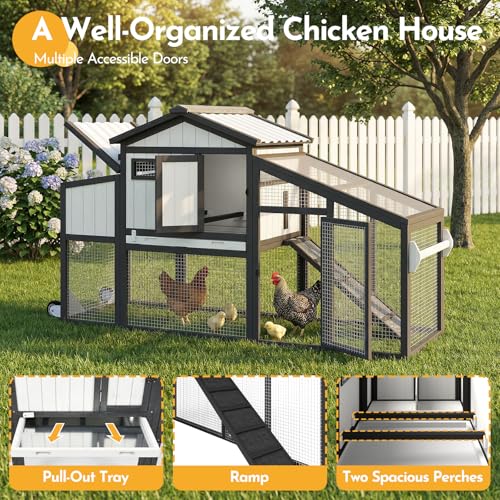 65" Chicken Coop with 2 Wheels and Handle, 2-Story Mobile Wooden Hen House with Nesting Box, Sloped Roof, Removable Tray, Outdoor Poultry Cage for Chickens, Ducks & Rabbits - size: 65.0"L x 26.0"W x 39.0"H