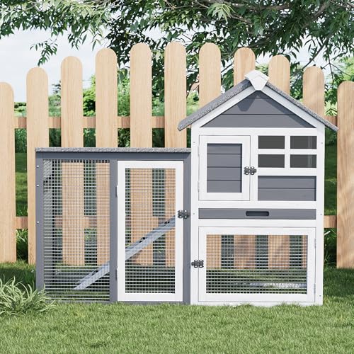 2-Story Rabbit Hutch, Small Wooden Chicken Coop, with Waterproof Roof, Pull Out Tray and Anti-Slip Ramp, Bunny Cage for Indoor Outdoor (45.28" L x 20.08" W x 36.61" H)