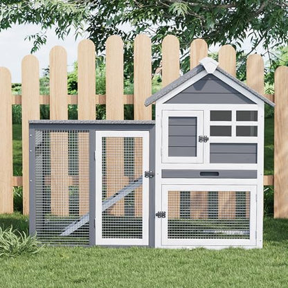 2-Story Rabbit Hutch, Small Wooden Chicken Coop, with Waterproof Roof, Pull Out Tray and Anti-Slip Ramp, Bunny Cage for Indoor Outdoor (45.28" L x 20.08" W x 36.61" H)