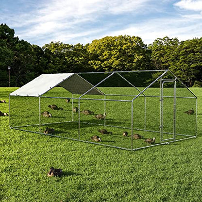 ORANLAND Large Metal Chicken Coop, 14.8x9.9x6.6ft Walk-in Chicken Runs with Cover, Spire Roof Chicken Pen with Security Lock, Outdoor Duck Rabbit Cage Poultry Pen for Backyard, Farm, Yard - size: 177.2"L x 118.2"W x 76.8"H