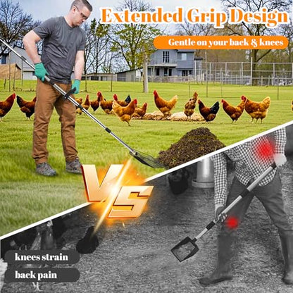15 Inch Extra Large Chicken Poop Scooper, 37" to 76" Long Stainless Steel Chicken Litter Scoop with Handle and Gloves, Sifting Shovel Pooper Rake Waste Cleaning Tool for Chicken Coop Goat Stall Stable