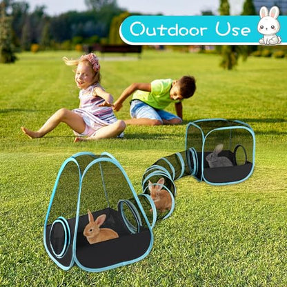 Rabbit Playpen with Tunnel, Breathable & Transparent Rabbit Playpen Pop Open Tent with Tube for Dwarf Rabbits,Ferret, Small Animal Playpens Bunny Tunnels Exercise Play Indoor or Outdoor