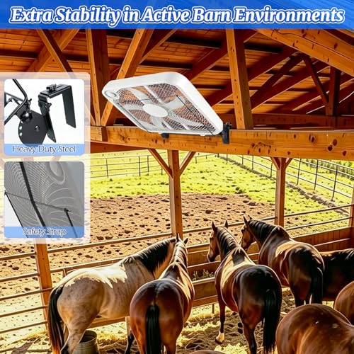 Box Fan Holder for Horse Stall, Adjustable Angle Fan Wall Mount Bracket, 2-in-1 Clamp & Wall Mount Design, Fits 20" Box Fan, Heavy Duty Steel Fan Holder for Barn, Coop, Garage (Fan Not Included)