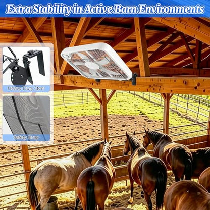 Box Fan Holder for Horse Stall, Adjustable Angle Fan Wall Mount Bracket, 2-in-1 Clamp & Wall Mount Design, Fits 20" Box Fan, Heavy Duty Steel Fan Holder for Barn, Coop, Garage (Fan Not Included)
