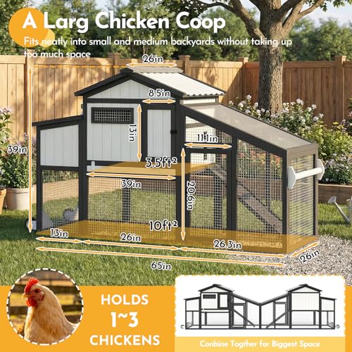 65" Chicken Coop with 2 Wheels and Handle, 2-Story Mobile Wooden Hen House with Nesting Box, Sloped Roof, Removable Tray, Outdoor Poultry Cage for Chickens, Ducks & Rabbits - size: 65.0"L x 26.0"W x 39.0"H
