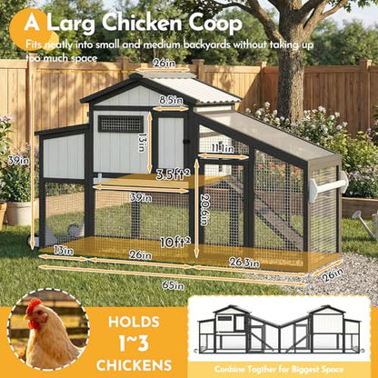 65" Chicken Coop with 2 Wheels and Handle, 2-Story Mobile Wooden Hen House with Nesting Box, Sloped Roof, Removable Tray, Outdoor Poultry Cage for Chickens, Ducks & Rabbits - size: 65.0"L x 26.0"W x 39.0"H