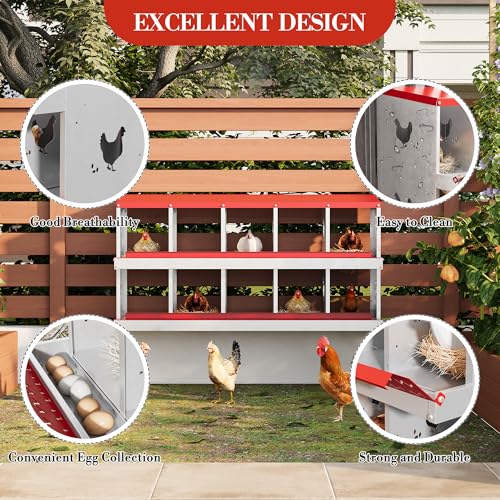 Chicken Nesting Box,10 Compartments Galvanized Steel Metal Chicken Laying Box with Roll Out Egg Collection,Wall Mount Chicken Nesting Boxes,Easy Egg Collection, Hen Roosting Boxes - color: Red, size: 10 Holes