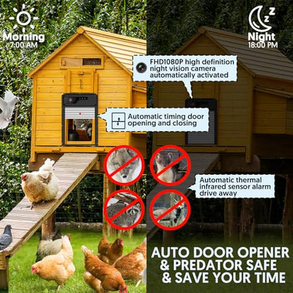 Automatic Chicken Coop Door with WiFi HD1080P Camera,Auto Solar Chicken Coop Door Opener with Timer, APP Remote Control, 5000mA Battery, Night Vision, Alarm Drive (Black, 13.01in*9.4in*6.2in)
