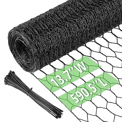 Chicken Wire 13.7 in x 590.5 in Poultry Wire Netting Hexagonal Galvanized Mesh Garden Fence Barrier for Pet Rabbit Chicken Fencing with 100 Pcs Cable Zip Ties(PVC-Coated) - color: Black, size: 13.7"x590.5"+100Ties