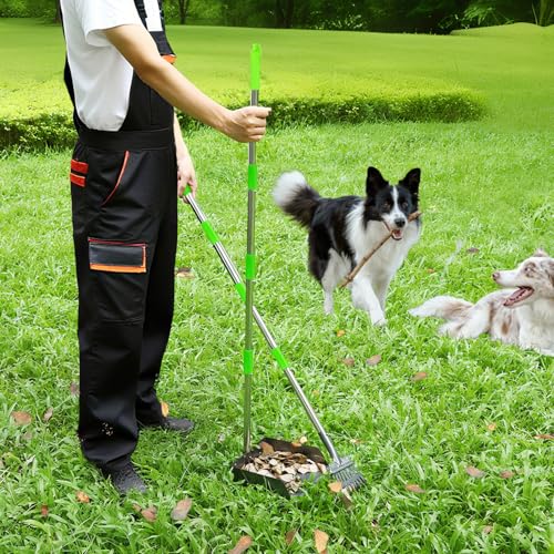 T2Y Pooper Scooper Extra Long Handle, Rake+Tray+Spade Set | 48" Tall No-Bend | 9.4'' Large Tray | Stainless Steel | Adjustable | Works on Grass, Gravel & Dirt | Easy to Install - size: Rake & Spade & Large Tray-Green