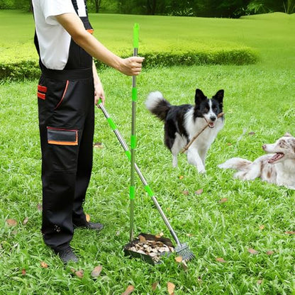 T2Y Pooper Scooper Extra Long Handle, Rake+Tray+Spade Set | 48" Tall No-Bend | 9.4'' Large Tray | Stainless Steel | Adjustable | Works on Grass, Gravel & Dirt | Easy to Install - size: Rake & Spade & Large Tray-Green