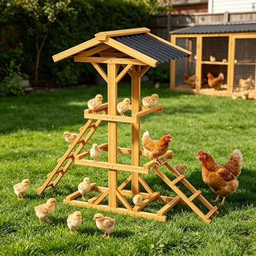 Wooden Chicken Roost Perch with Dual Ladders, Multi-Tier Activity Stand, Waterproof Sun-Resistant Roof Design for Backyard Chicken Coop - color: C02 Brown with Black