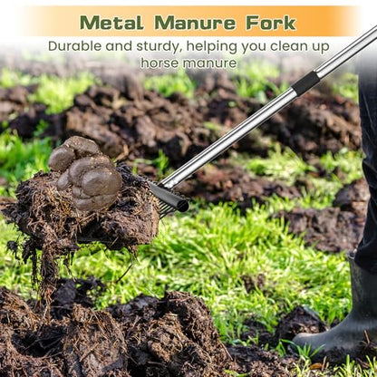 Manure Fork - Metal Horse Manure Rake with 2 Durafork Replacement Heads and 1 Steel Handle, Rustproof Heavy Duty Hay Pitch Fork for Horse Stall Poop