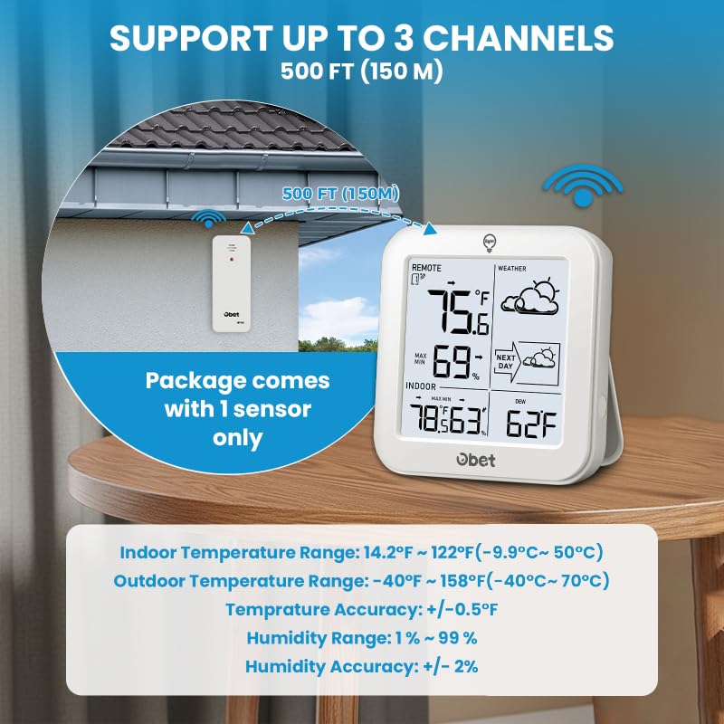 Weather Station Wireless Indoor Outdoor Thermometer, Digital Room Thermometer and Hygrometer with 500ft Range Remote Sensor, Backlight Display, Battery Operated - color: White
