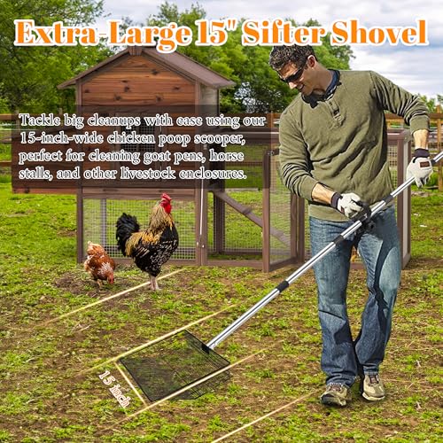 15 Inch Extra Large Chicken Poop Scooper, 37" to 76" Long Stainless Steel Chicken Litter Scoop with Handle and Gloves, Sifting Shovel Pooper Rake Waste Cleaning Tool for Chicken Coop Goat Stall Stable
