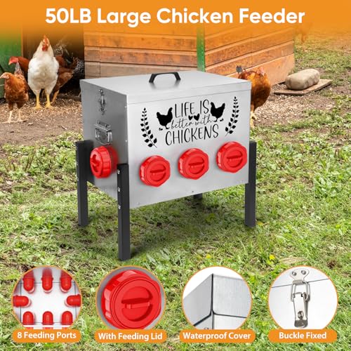 TGEYD 50LB Large Automatic Chicken Feeder – 8 Feeding Ports, No-Waste Poultry Feeder, with Adjustable Legs & Locking Lid - color: Galvanized gray