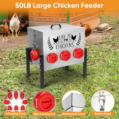 TGEYD 50LB Large Automatic Chicken Feeder – 8 Feeding Ports, No-Waste Poultry Feeder, with Adjustable Legs & Locking Lid - color: Galvanized gray