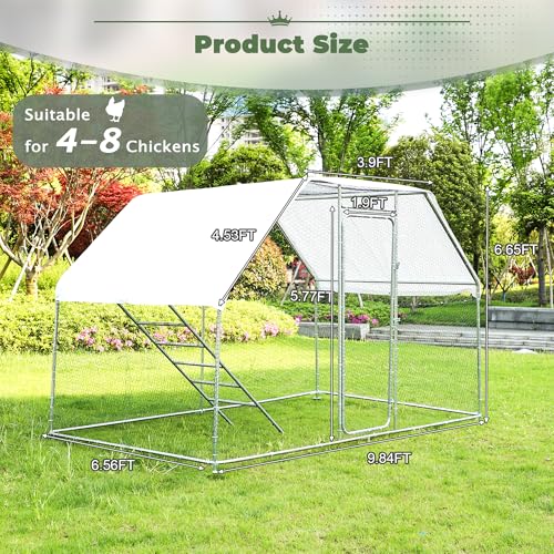 Metal Chicken Coop, 9.8 x 6.6 x6.6 Walk-in Chicken Run for 10 Chicken with Upgrade Roosting Perch, Water-Resident and Anti-UV Cover, Sturdy Flat Roof Chicken House for Outdoor Farm Use - color: Flat Roof