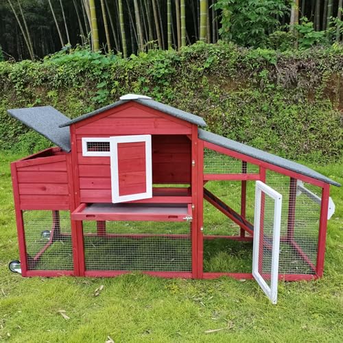 Chicken Coop and Run, Two Story Mobile Rabbit Hutch Indoor Outdoor, Wooden Hen House with Nesting Box Rabbit Cage on Wheels, Ramp, Deep No Leak Pull Out Tray, for Chick, Bunny(Red) - color: Red