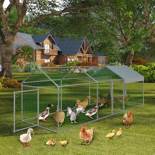 Metal Chicken Coop, 120" x40" x40" Large Chicken Run with 3 Doors, Outdoor Hen House for Yard with Waterproof and Anti-UV Cover, Walk in Poultry Cage for Rabbit Duck Goose, Silver - color: SILVER, size: 120×40×40 inches
