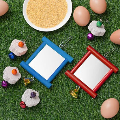 Sumind 2 Pieces Chicken Mirror Toys Hanging Swing Mirror with Bell Wooden Pecking Toy and 4 Pieces Beak Grinding Molar Stones for Hens Birds Parrots(Red,Blue) - color: Red,Blue