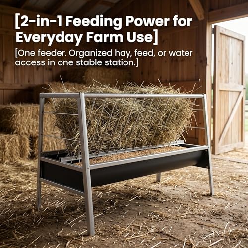 77 Gallon Pasture Feeder 2-in-1 Hay Grain System Stainless Steel Frame Rubber Trough Waste-Reducing Design for Goats Sheep Horses Lamb