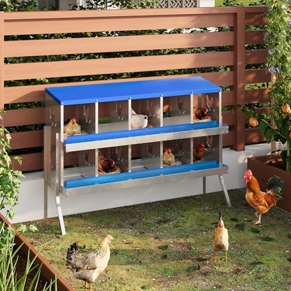 Chicken Nesting Box,10 Compartments Galvanized Steel Metal Chicken Laying Box with Roll Out Egg Collection,Wall Mount Chicken Nesting Boxes,Easy Egg Collection, Hen Roosting Boxes - color: Blue, size: 10 Holes with Legs
