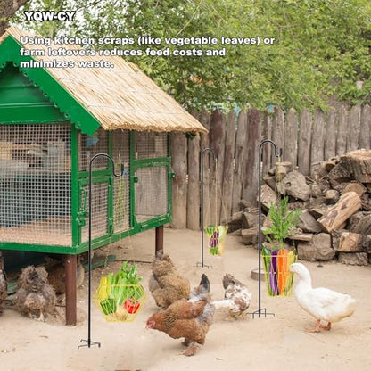 Hanging Chicken Feeder with Shepherd's Hook, Foldable Chicken Vegetable Feeder, Golden Poultry Fruits Feeding Holder Basket with Hanging Chain for Chicken Coop Accessory - color: Hanging Chicken Feeder with Hook